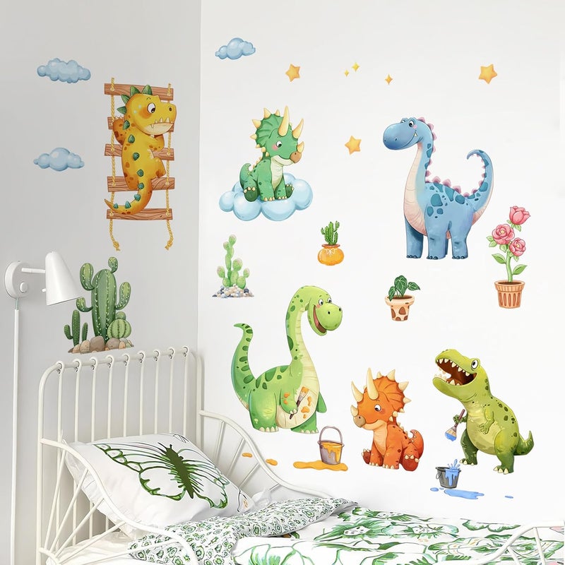 Decvictor Watercolor Funny Dinosaur Wall Decals, Cartoon Cute Dino Playing Cacti Wall Stickers Vinyl Peel and Stick Wall Decal Self Adhesive Wall Art Sticker for Baby Nursery Kids Room Home Decor - Image 4